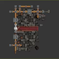 Cartoon Style Medieval Gateway Scene With Stone Brick Floor Red Carpet And Wooden Barrels