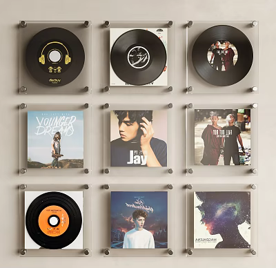 Wall Decor Featuring Vinyl Records And Album Covers Mounted With Clear Holders On Wall 3d model