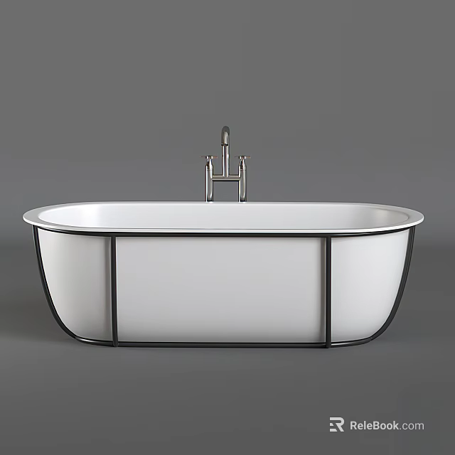 Modern Minimalist Free Standing Oval Shaped Bathtub With White Body And Black Metal Frame 3d model 