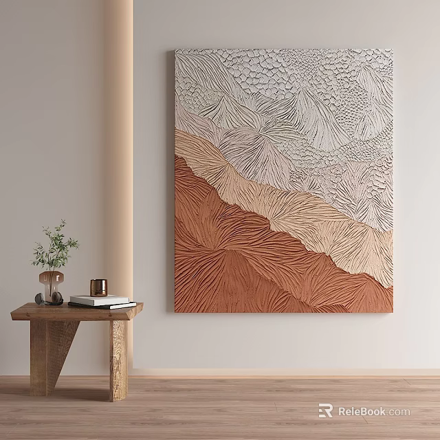 Textured Earth Tones Wall Art With Wooden Table Plant And Books In Interior 3d model 