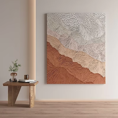 Textured Earth Tones Wall Art With Wooden Table Plant And Books In Interior 3d model