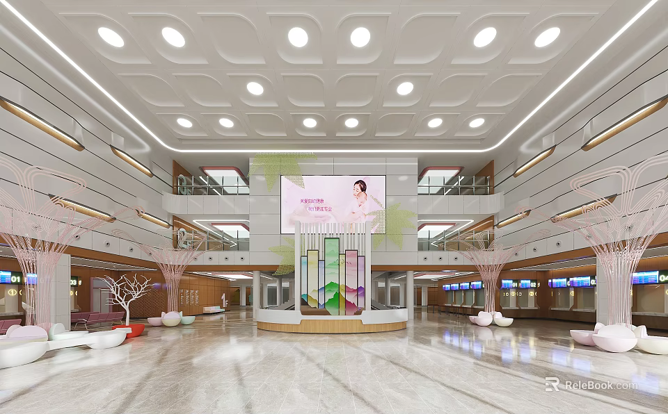 Hospital Outpatient Clinic Lobby With Bright Lighting And Decorations 3d model 