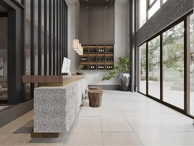 Modern Reception Interior Design With Stone Countertop Desk And Large Windows Natural Light 3d model