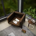 Brown Single Sofa in Modern Indoor Space with Large Windows Green Plant and Wooden Floor