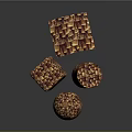 Decorative Geometric Sculptures With Wooden Block Patterns Cube And Sphere Shapes Brown Yellow Textured Surfaces