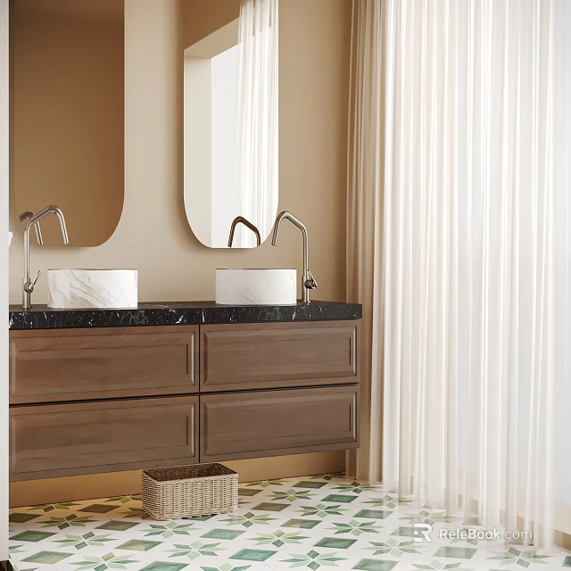 Modern Bathroom Vanity With Wooden Cabinet Black Countertop White Sinks And Round Mirrors 3d model 