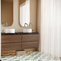 Modern Bathroom Vanity With Wooden Cabinet Black Countertop White Sinks And Round Mirrors