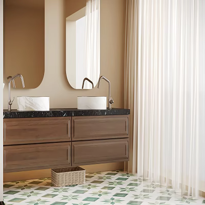 Modern Bathroom Vanity With Wooden Cabinet Black Countertop White Sinks And Round Mirrors 3d model