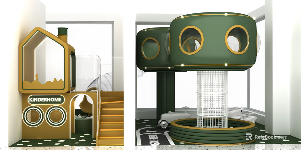 Green Mushroom Shaped Kids Playground With Circular Windows Slide Stairs And Net Structure 3d model 