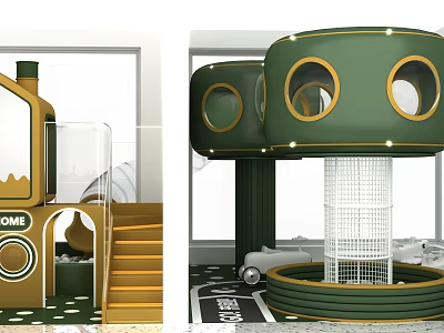 Green Mushroom Shaped Kids Playground With Circular Windows Slide Stairs And Net Structure 3d model