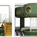 Green Mushroom Shaped Kids Playground With Circular Windows Slide Stairs And Net Structure
