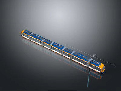 Modern Tram Train With Multiple Carriages Yellow Blue Roof Panels On Reflective Surface 3d model