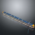 Modern Tram Train With Multiple Carriages Yellow Blue Roof Panels On Reflective Surface