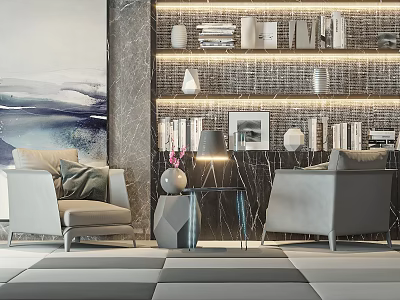 Elegant Lounge Chairs In Modern Interior With Bookshelves Table Lamp And Decorative Painting 3d model