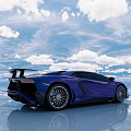 Purple Lamborghini Sports Car Parked With Blue Sky White Clouds And Water Reflection