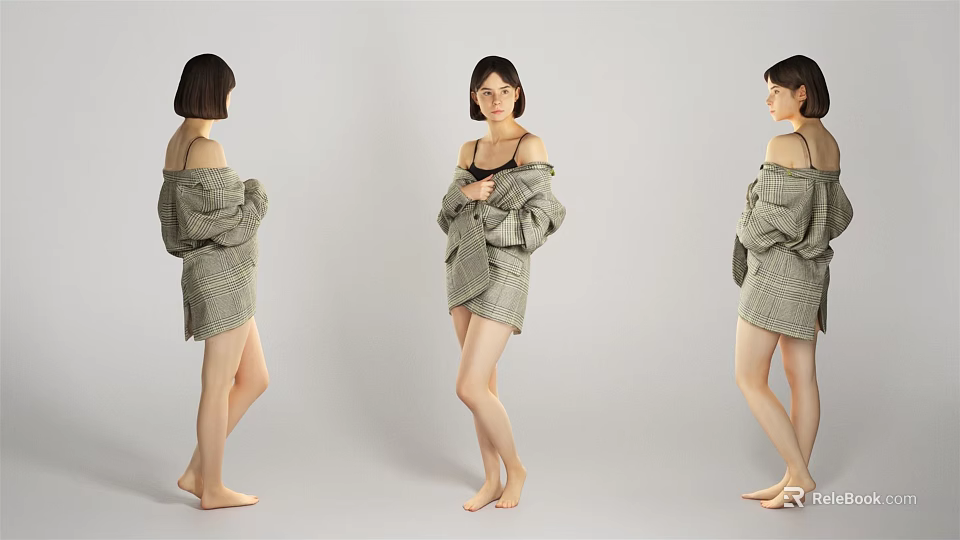 Three Women Posing in Gray Plaid Shirts with Black Bras Barefoot on Gray Background 3d model 