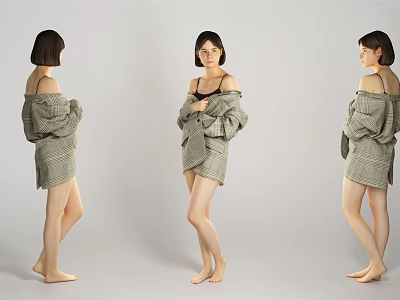 Three Women Posing in Gray Plaid Shirts with Black Bras Barefoot on Gray Background 3d model