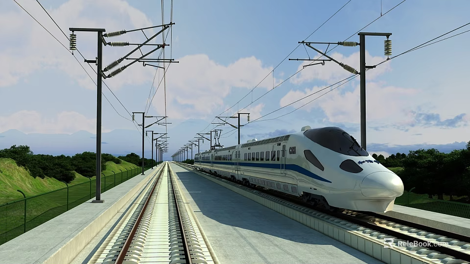 High Speed Rail Train on Tracks With Power Lines 3d model