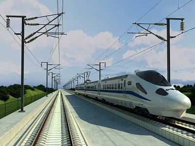 High Speed Rail Train on Tracks With Power Lines 3d model