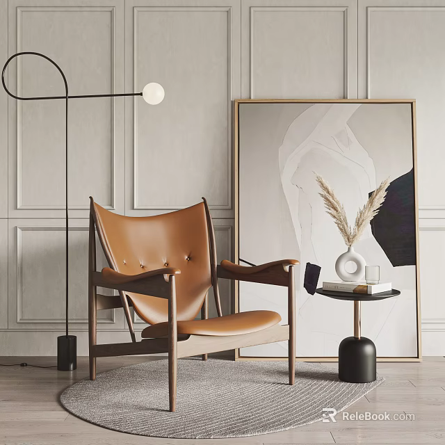 Brown Leather Accent Chair With Wooden Frame Floor Lamp Artwork And Side Table In Stylish Room 3d model 