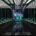 Futuristic Banquet Hall With Long Dining Tables Chairs Large Screen Projection And Teal Lighting