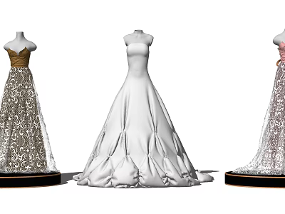 Mannequins Wearing Elegant Long Gowns With Strapless White Floral And Lace Designs 3d model