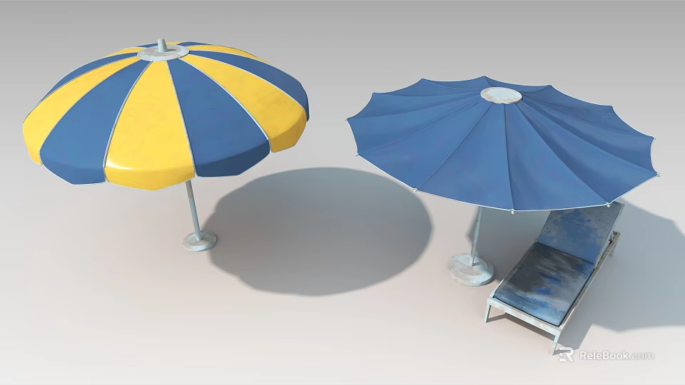 Outdoor Beach Living Essentials Blue Yellow Striped Umbrella Solid Blue Umbrella And Lounge Chair 3d model 