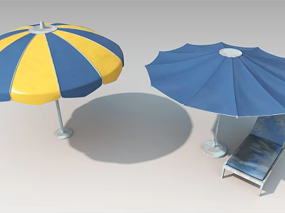 Outdoor Beach Living Essentials Blue Yellow Striped Umbrella Solid Blue Umbrella And Lounge Chair 3d model