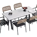 Modern Dining Table Set With Rectangular Light Wood Top And Woven Rattan Back Chairs 3d model