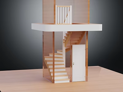 Wooden Architectural Model With Spiral Staircase White Door And Upper Platform 3d model