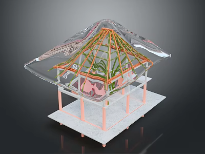 Modern Transparent Roof Pavilion With Orange Frame Green Plants Pink Pillars And White Base 3d model