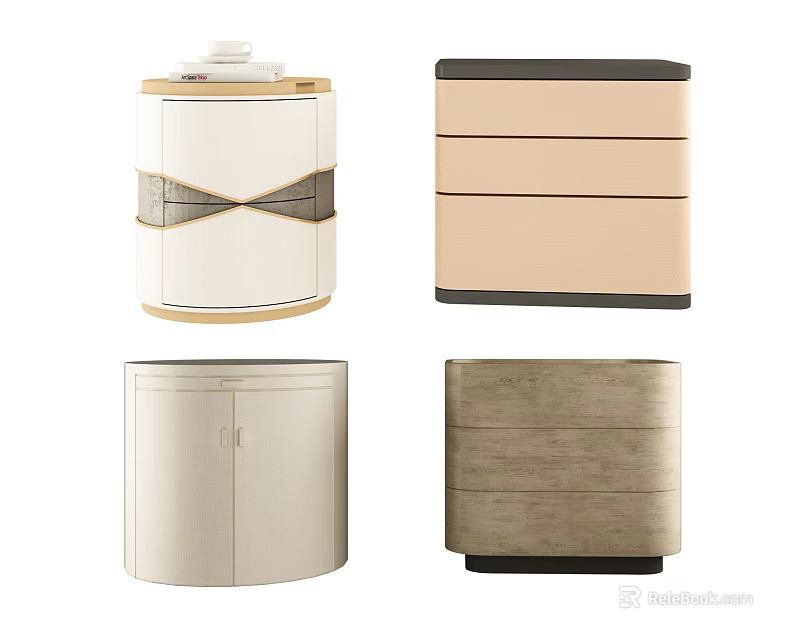 Modern Stylish Bedside Tables With Round Rectangular Designs And Fabric Leather Finishes 3d model 