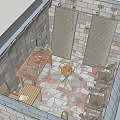 Medieval Castle Reception Desk Area With Stone Brick Floor Arched Doorways And Torches