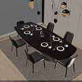 Dark Wood Oval Dining Table Set With Six Grey Chairs White Plates And Pendant Lights