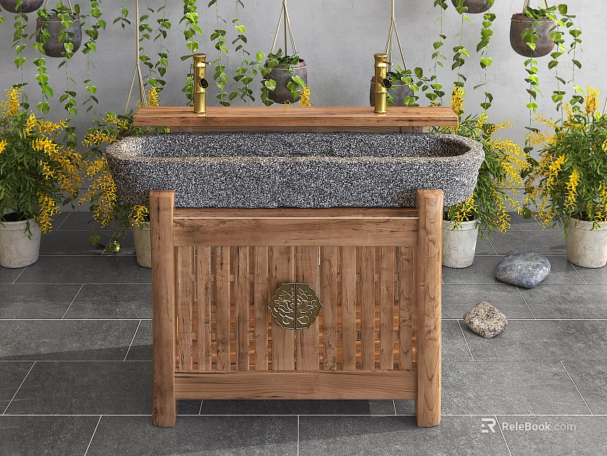 Natural Stone Washbasin with Wooden Cabinet and Hanging Plants Near Yellow Flowers 3d model 