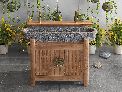 Natural Stone Washbasin with Wooden Cabinet and Hanging Plants Near Yellow Flowers 3d model