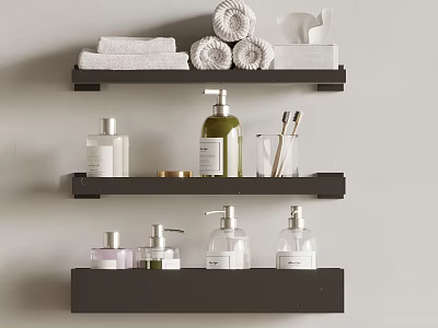 Bathroom Accessories Organized on Black Wall Mounted Shelves With Rolled Towels Bottles and Toothbrush Holders 3d model