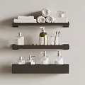 Bathroom Accessories Organized on Black Wall Mounted Shelves With Rolled Towels Bottles and Toothbrush Holders