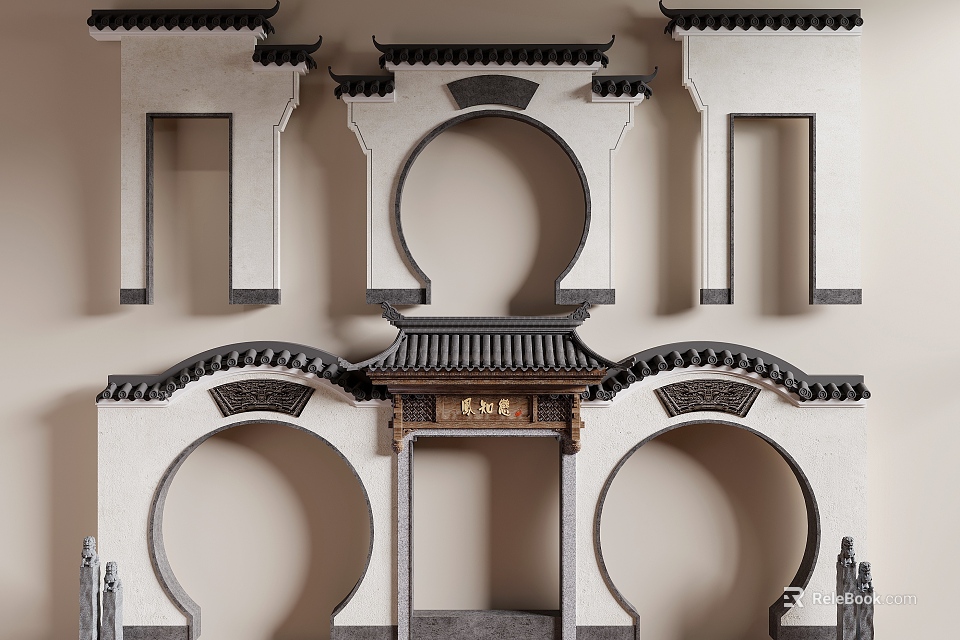 Chinese Traditional Scenic Wall With Overhanging Eaves Circular Archways And Carved Patterns 3d model 