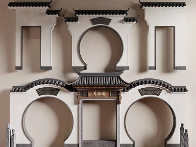 Chinese Traditional Scenic Wall With Overhanging Eaves Circular Archways And Carved Patterns 3d model