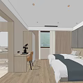 Modern Hotel Room with Twin Beds Window Curtains Table Chair and Wall Artwork