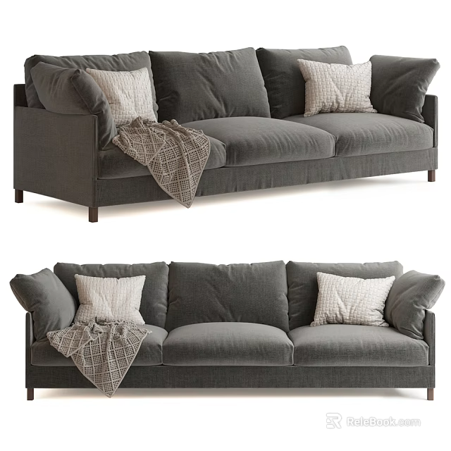 Gray Three Seater Sofa With Modern Fabric Cushions And Knitted Blanket 3d model
