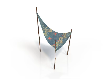 Triangle Cloth Canopy With Geometric Pattern Red Stars And Wooden Poles 3d model