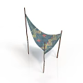 Triangle Cloth Canopy With Geometric Pattern Red Stars And Wooden Poles