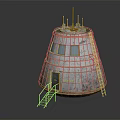 Future Architecture Conical Structure With Metal Surface Windows Ladder Red Graffiti And Top Antennas