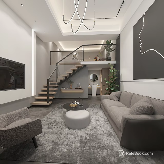 Modern Hotel Guest Room With Gray Sofa Armchair TV Staircase Plant And Wall Art 3d model 