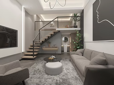 Modern Hotel Guest Room With Gray Sofa Armchair TV Staircase Plant And Wall Art 3d model