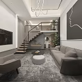 Modern Hotel Guest Room With Gray Sofa Armchair TV Staircase Plant And Wall Art