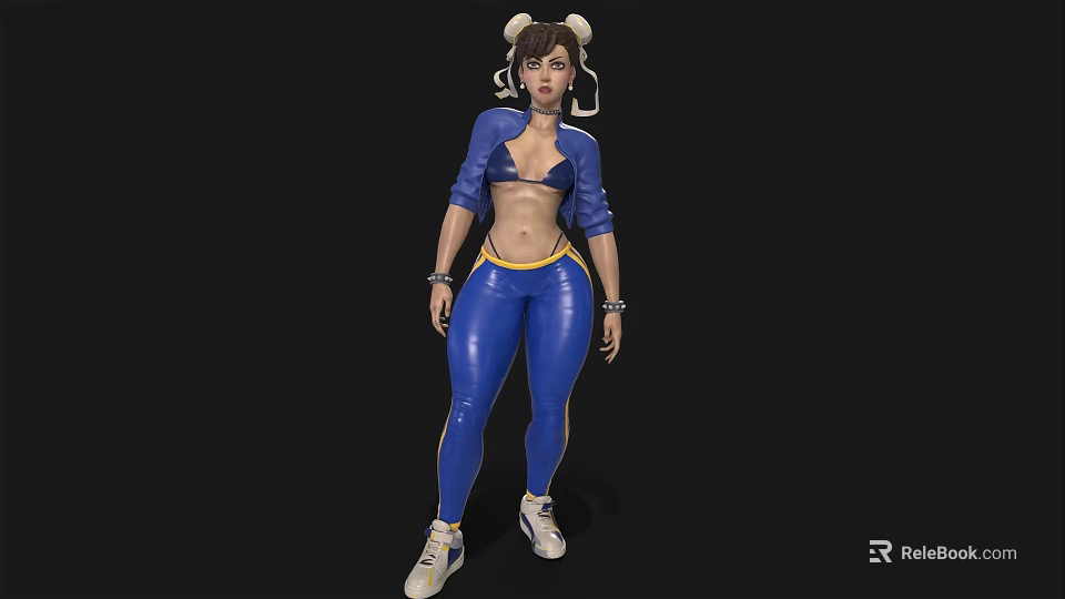 Woman With Pigtails In Blue Crop Top Blue Leggings With Yellow Stripes And White Sneakers 3d model 