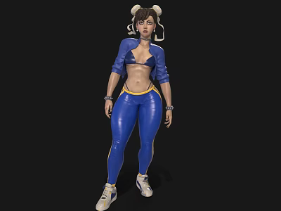 Woman With Pigtails In Blue Crop Top Blue Leggings With Yellow Stripes And White Sneakers 3d model
